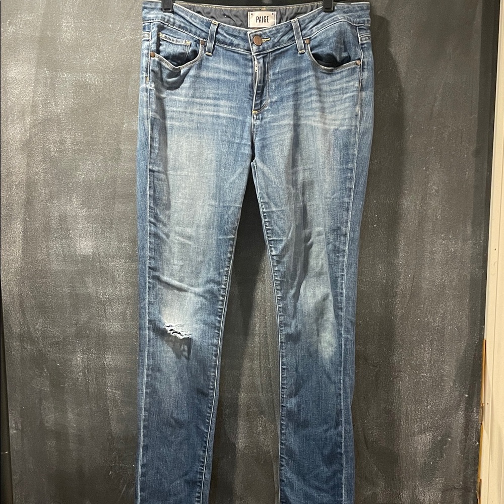 PAIGE jimmy jimmy skinny jeans. Women's Light Blue Straight Leg distressed Jeans - Picture 2 of 13
